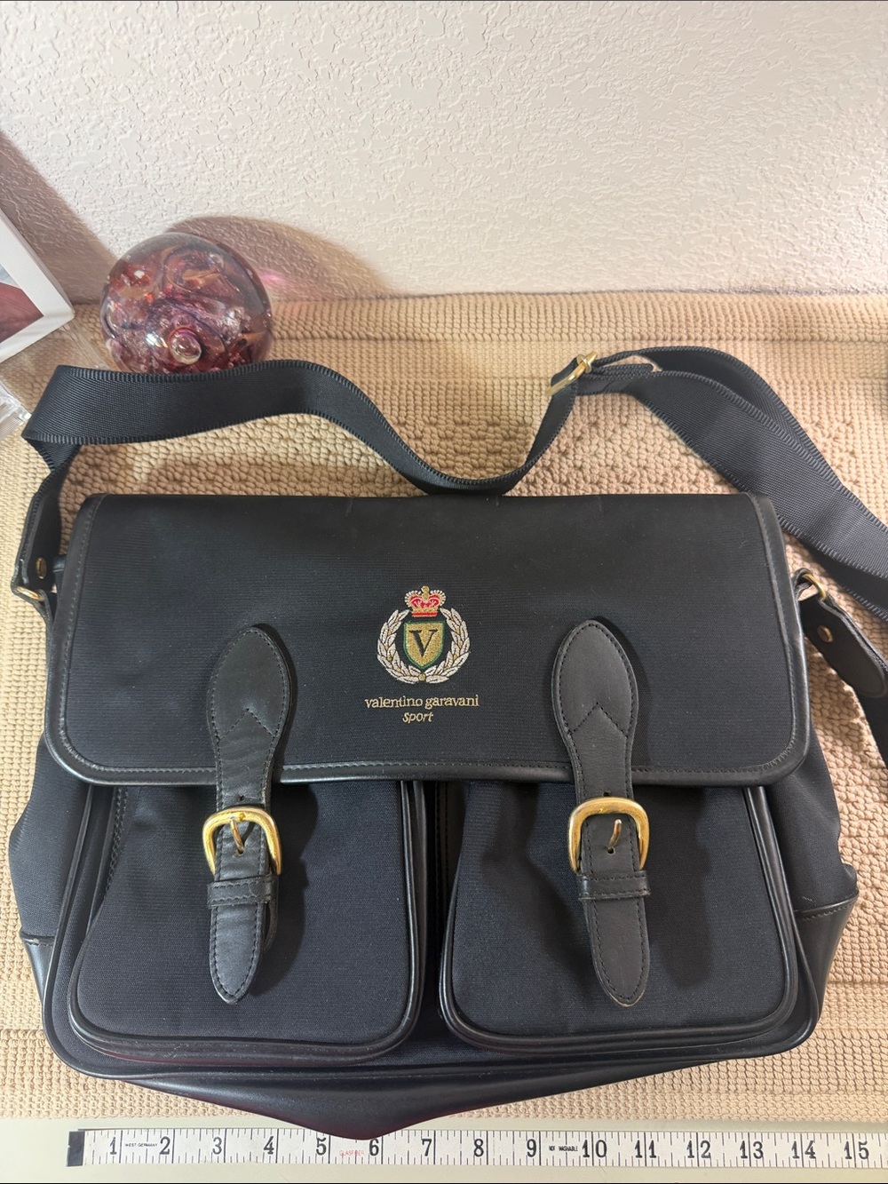 Vintage 90s Valentino Garavani Sport Black Nylon Leather Messenger Bag